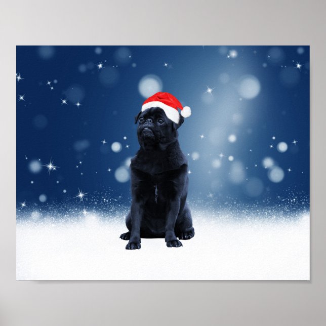 Cute Black Pug Dog Christmas Santa Hat Snow Stars Poster (Front)