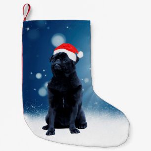 Cute Black Pug Dog Christmas Santa Hat Snow Stars Small Christmas Stocking