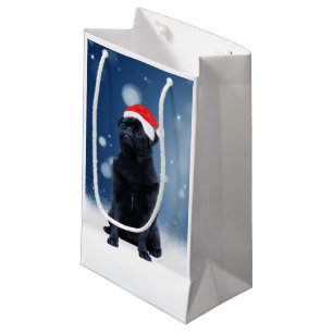 Cute Black Pug Dog Christmas Santa Hat Snow Stars Small Gift Bag