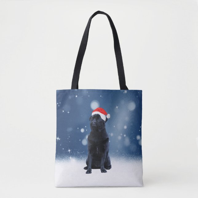 Cute Black Pug Dog Christmas Santa Hat Snow Stars Tote Bag (Front)