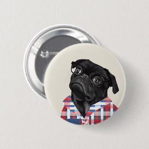 Cute Black Pug Dog With Glasses And Check Shirt 6 Cm Round Badge