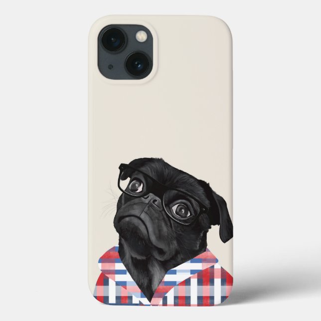 Cute Black Pug Dog With Glasses And Check Shirt Case-Mate iPhone Case (Back)