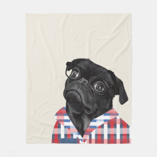Cute Black Pug Dog With Glasses And Check Shirt Fleece Blanket