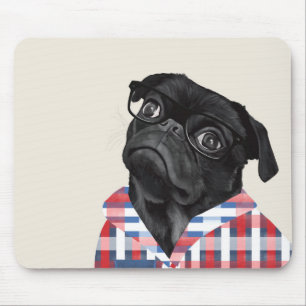 Cute Black Pug Dog With Glasses And Check Shirt Mouse Mat