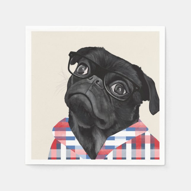 Cute Black Pug Dog With Glasses And Check Shirt Napkin (Front)
