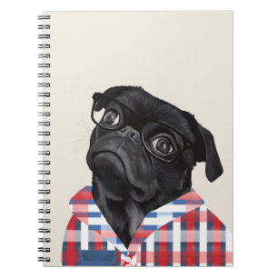 Cute Black Pug Dog With Glasses And Check Shirt Notebook