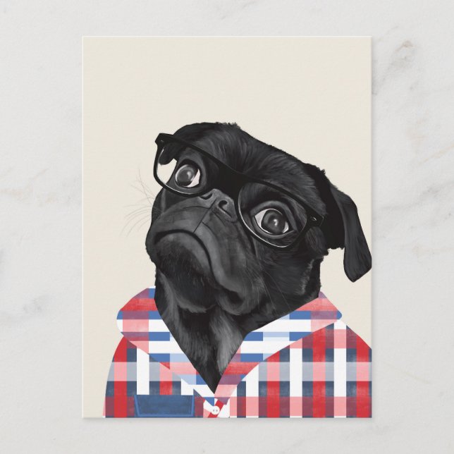 Cute Black Pug Dog With Glasses And Check Shirt Postcard (Front)
