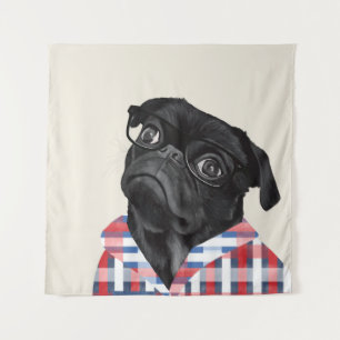 Cute Black Pug Dog With Glasses And Check Shirt Tapestry