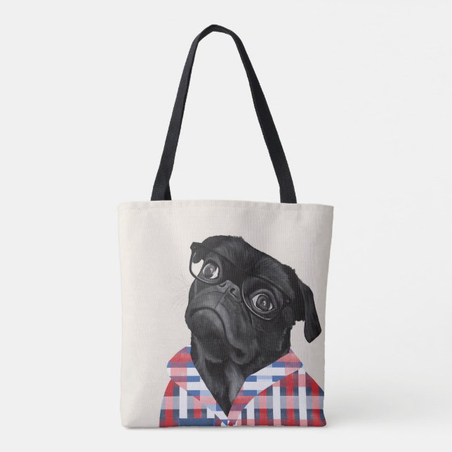 Cute Black Pug Dog With Glasses And Check Shirt Tote Bag (Back)