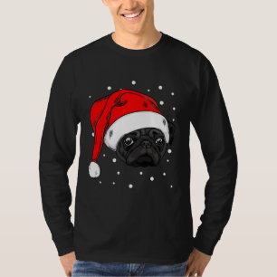 Cute black pug in christmas hat Long T-Shirt 410