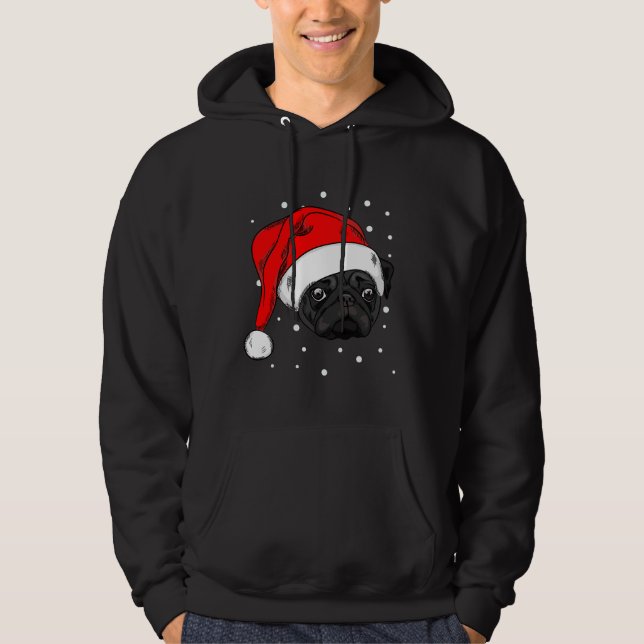 Cute black pug in christmas hat Long T-Shirt 410 Hoodie (Front)