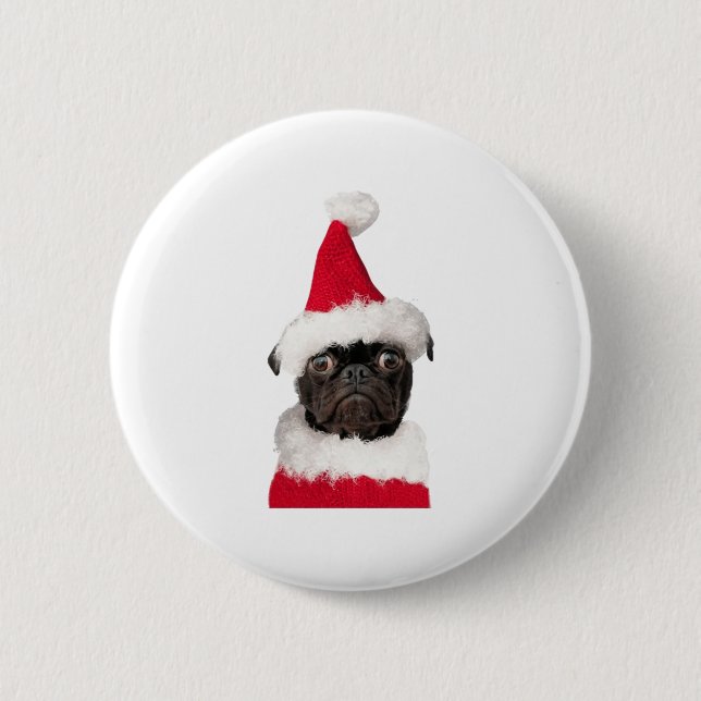 Cute Black Pug in Christmas Santa Hat   6 Cm Round Badge (Front)