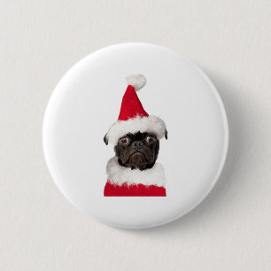 Cute Black Pug in Christmas Santa Hat   6 Cm Round Badge