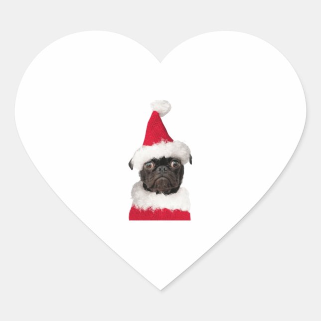 Cute Black Pug in Christmas Santa Hat   Heart Sticker (Front)