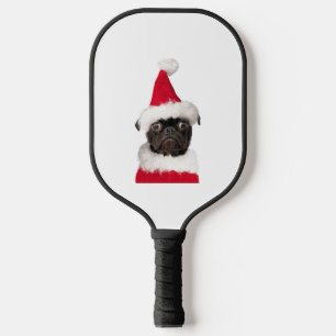 Cute Black Pug in Christmas Santa Hat Pickleball Paddle