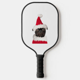 Cute Black Pug in Christmas Santa Hat Pickleball Paddle