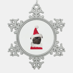 Cute Black Pug in Christmas Santa Hat   Snowflake Pewter Christmas Ornament