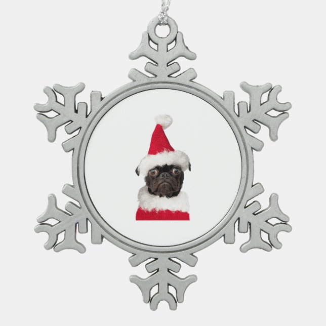 Cute Black Pug in Christmas Santa Hat   Snowflake Pewter Christmas Ornament (Front)