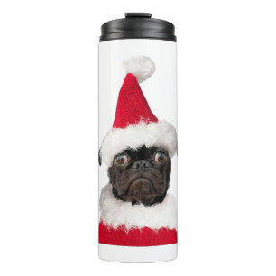 Cute Black Pug in Christmas Santa Hat   Thermal Tumbler