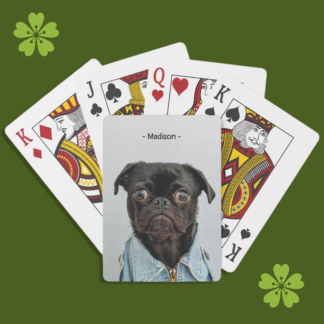 Cute Black Pug in Denim Jacket Monogram Playing Cards (Creator Uploaded)