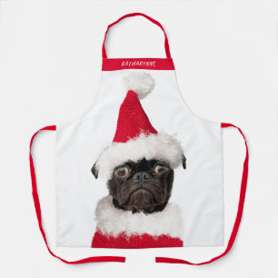 Cute Black Pug in Santa Hat Christmas Apron