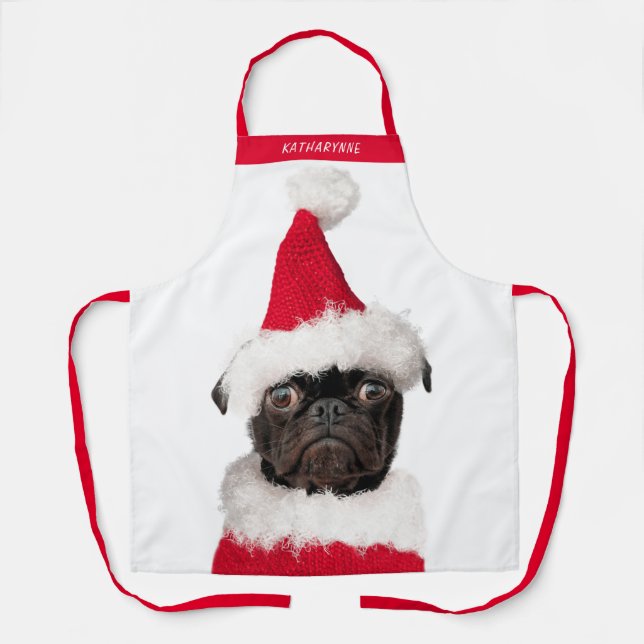 Cute Black Pug in Santa Hat Christmas Apron (Front)