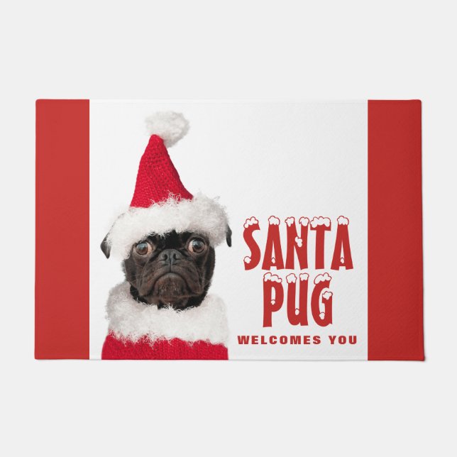 Cute Black Pug in Santa Hat Christmas Doormat (Front)