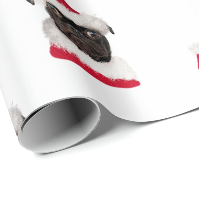 Cute Black Pug in Santa Hat Christmas Wrapping Paper (Roll Corner)