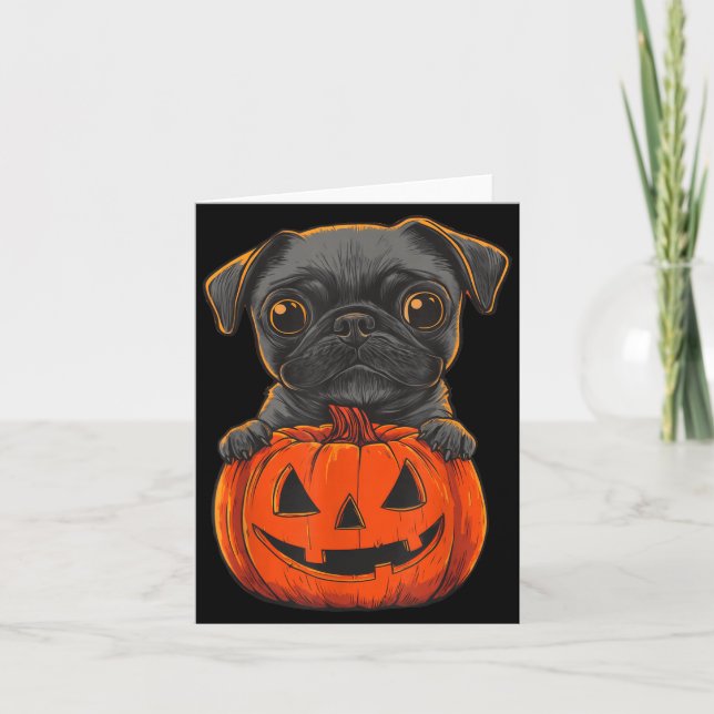 Cute Black Pug Jack O Lantern Pumpkin Halloween Card (Front)