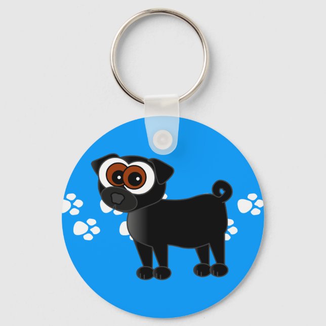 Cute Black Pug Keychain - Blue (Front)