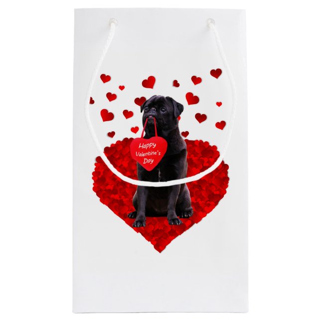 Cute Black Pug wishing Happy Valentine's day Small Gift Bag (Back)