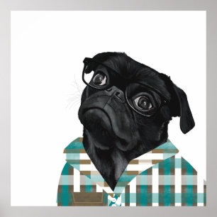Cute Black Pug With Glasses And Check Shirt Poster