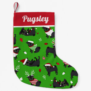 Cute Black Pugs Green Small Christmas Stocking