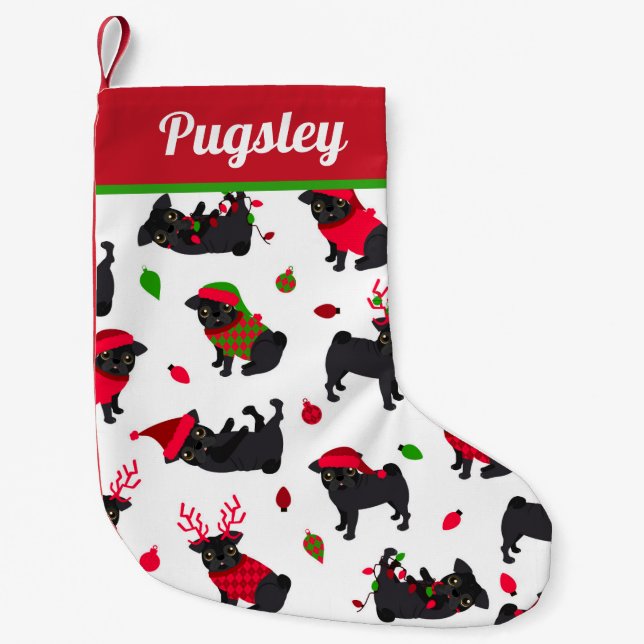 Cute Black Pugs White Small Christmas Stocking (Front)