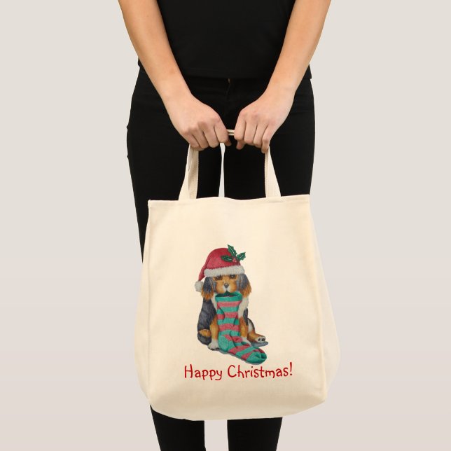 cute black puppy dressed for christmas tote bag (Front (Product))