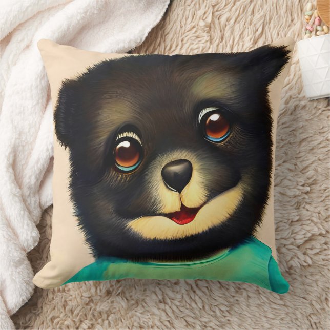 Cute black puppy illustration cushion (Blanket)