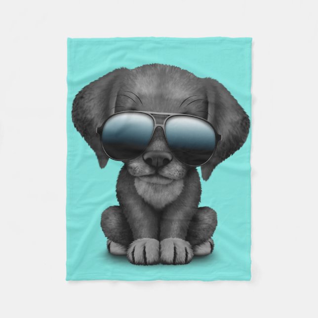 Cute Black Puppy Wearing Sunglasses Fleece Blanket (Front)
