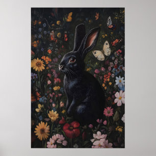 Cute Black Rabbit in Flower Garden Butterfly Wall Poster