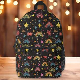 Cute Black Rainbow & Star Print Name Printed Backpack