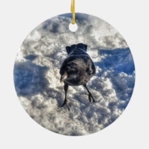 Cute Black Raven in the Snow Photo Ceramic Tree Decoration