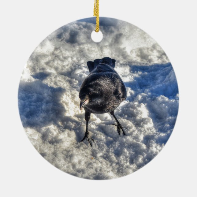 Cute Black Raven in the Snow Photo Ceramic Tree Decoration (Back)