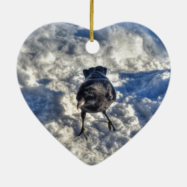 Cute Black Raven in the Snow Photo Ceramic Tree Decoration (Back)