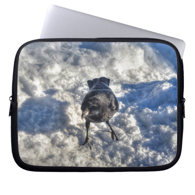 Cute Black Raven in the Snow Photo Laptop Sleeve (Front)