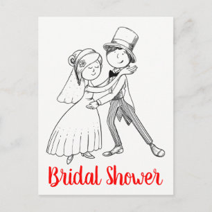 Cute Black Red Bride Groom Cartoon Bridal Shower Invitation Postcard