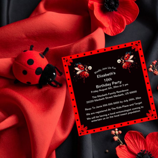 Cute Black/Red Ladybug Fairy Birthday Party Invitation (Creator Uploaded)