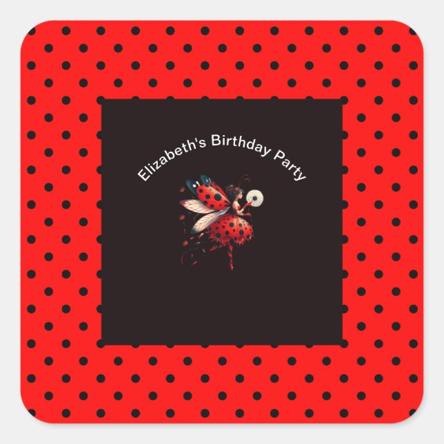 Cute Black & Red Ladybug Fairy Birthday Party  Square Sticker (Front)