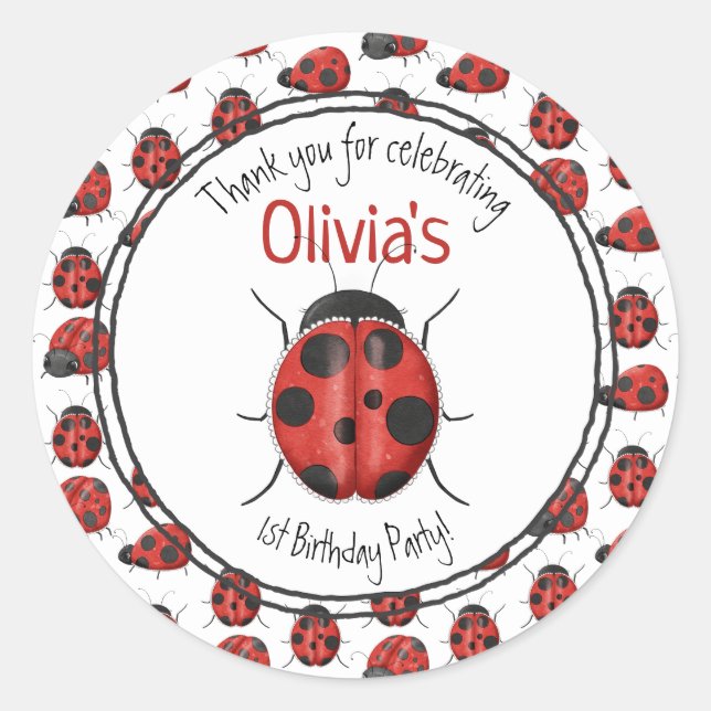 Cute Black Red Ladybug Pattern Thank You Classic Round Sticker (Front)