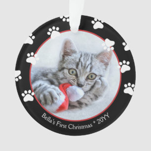 Cute Black & Red Pawprints Cat First Christmas Ornament