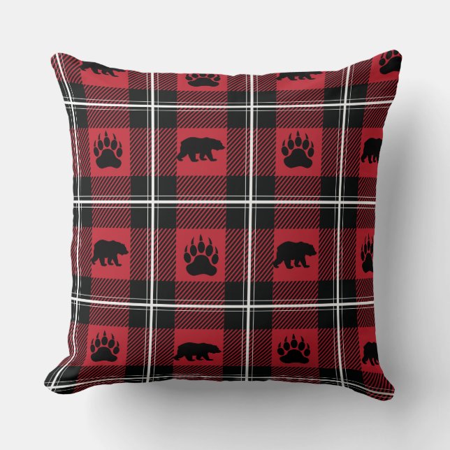 Cute Black Red & White Bear and Paw Flannel Cushion (Front)