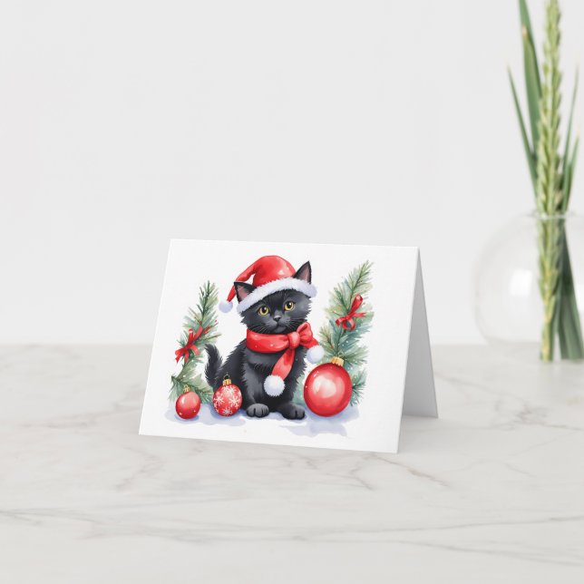 Cute Black Santa Kitten with Christmas Balls BLANK Holiday Card (Front)